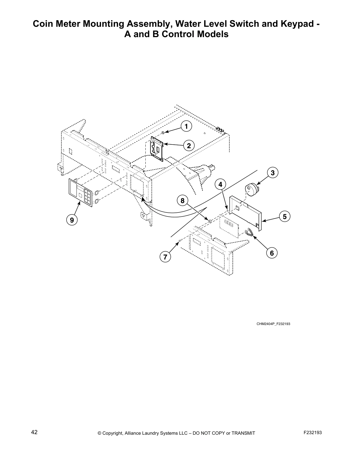Coin Meter Mounting Assembly, Water Level Switch and Keypad -
A and B Control Models