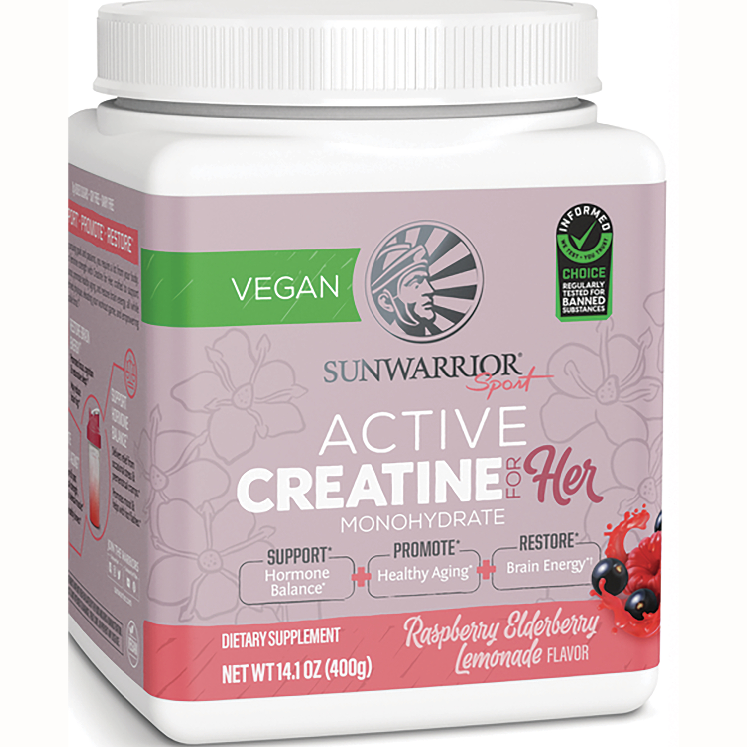 Sunwarrior Active Creatine for Her, Monohydrate Powder Micronized PreWorkout Recovery Supplement for Women, Sunwarrior, Raspberry Lemonade Flavor, 50