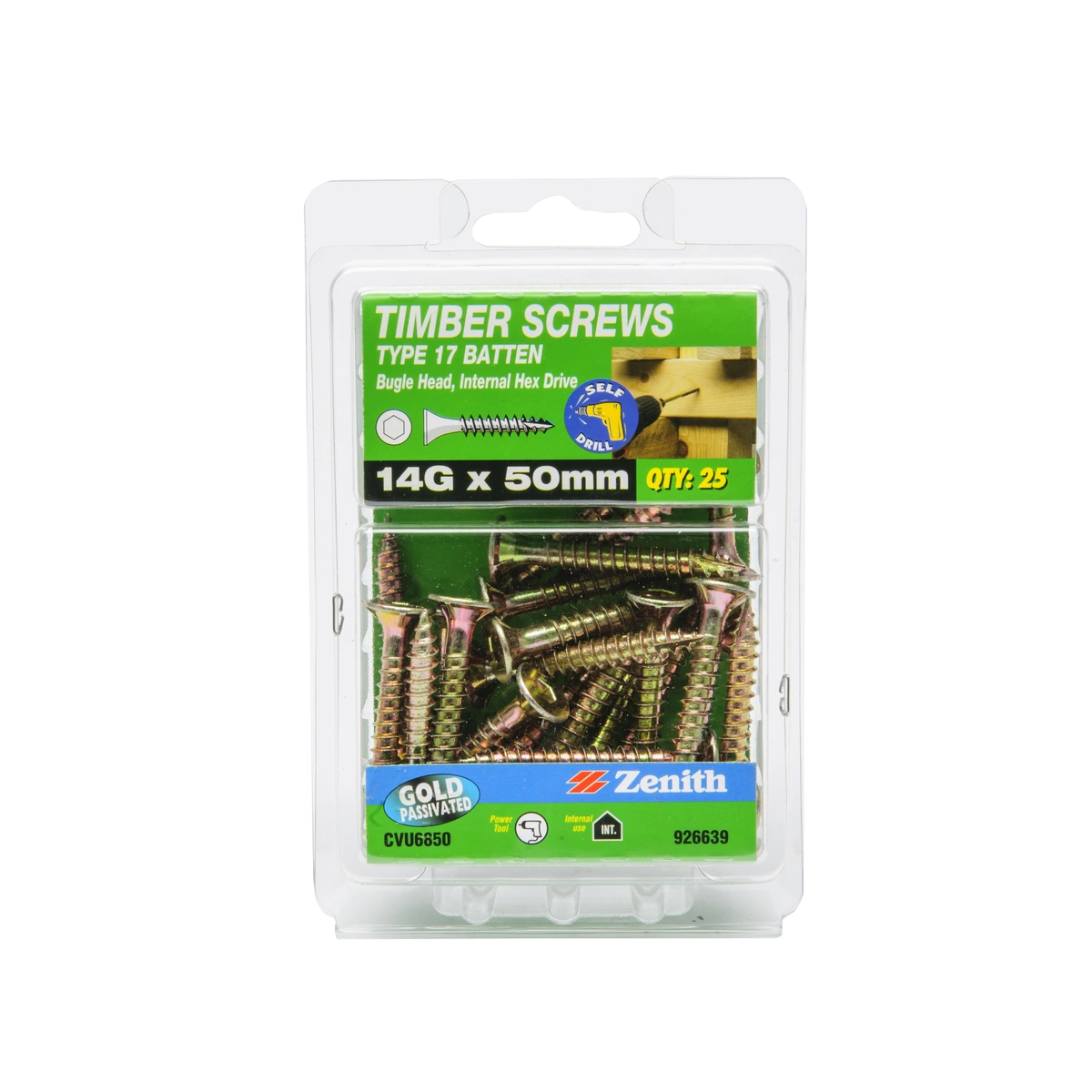 ZENITH® 14G x 50mm Gold Passivated Bugle Batten Screws – 25 Pack