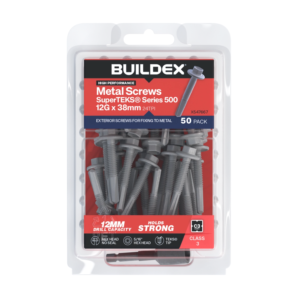 Buildex® 12G x 38mm Class 3 Galvanised SuperTEKS® Series 500 Screws – 50 Pack