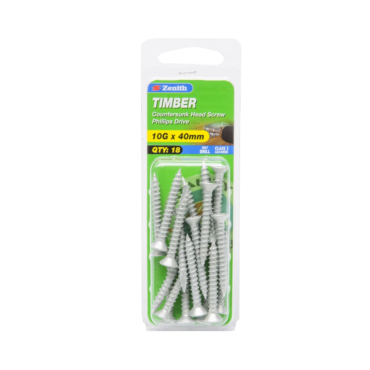 ZENITH® 10G x 40mm Class 3 Galvanised Timber Screws – 18 Pack