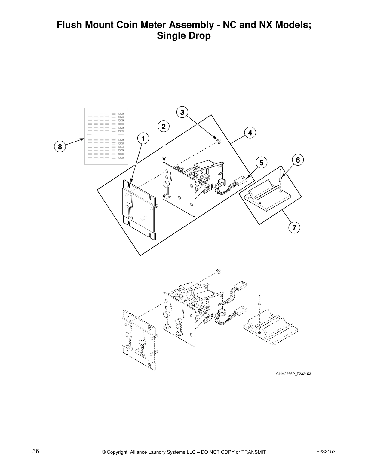 Flush Mount Coin Meter Assembly - NC and NX Models;
Single Drop