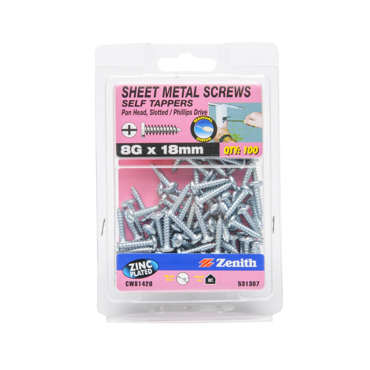 ZENITH® 8G x 18mm Zinc Plated Sheet Metal Screws – 100 Pack