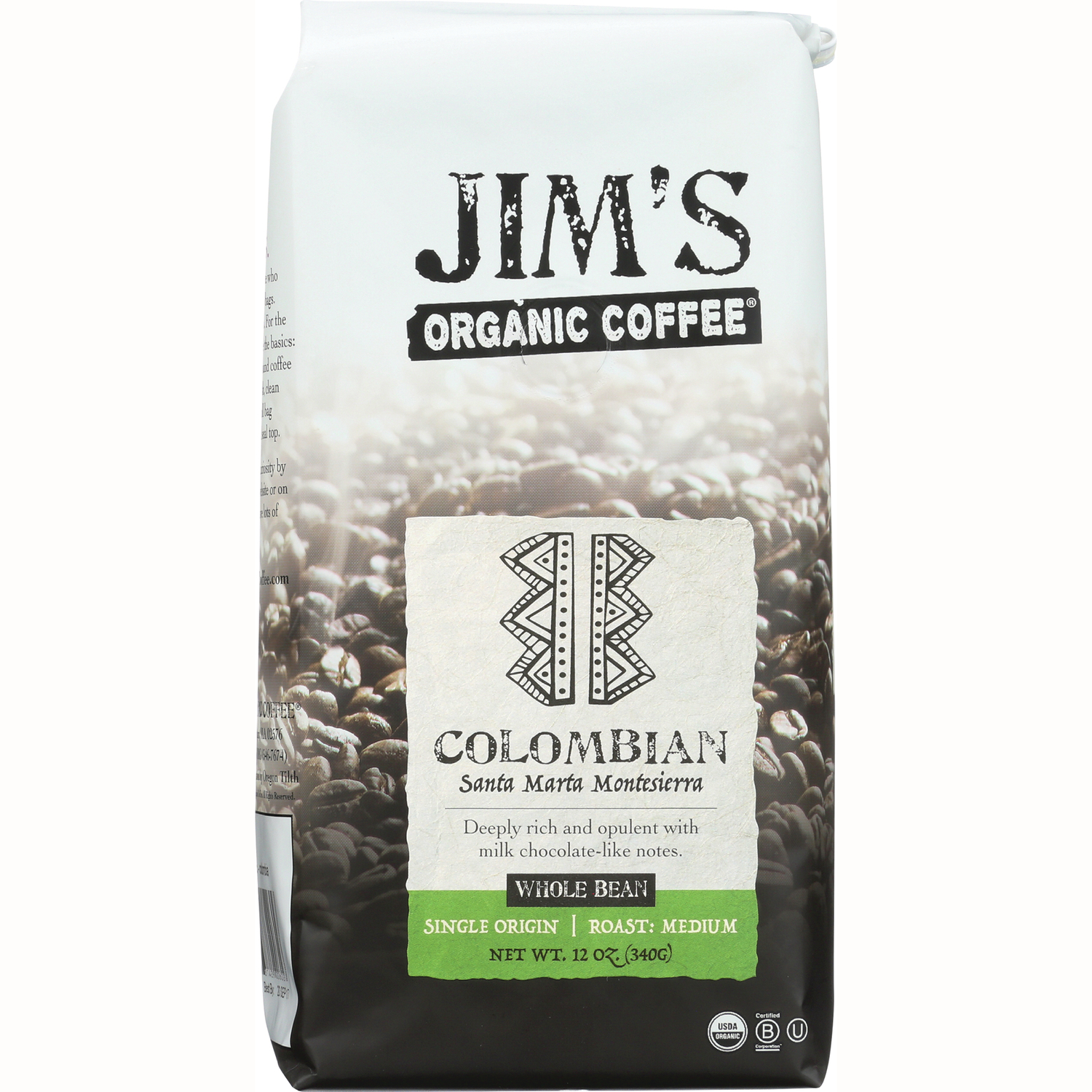 Jim's Organic Coffee Colombian - Whole Bean | 12 oz Package