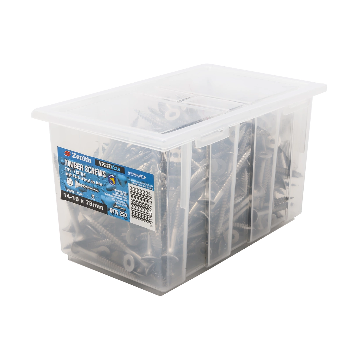 ZENITH® 14G x 75mm 304 Stainless Steel Bugle Batten Screws – 250 Pack