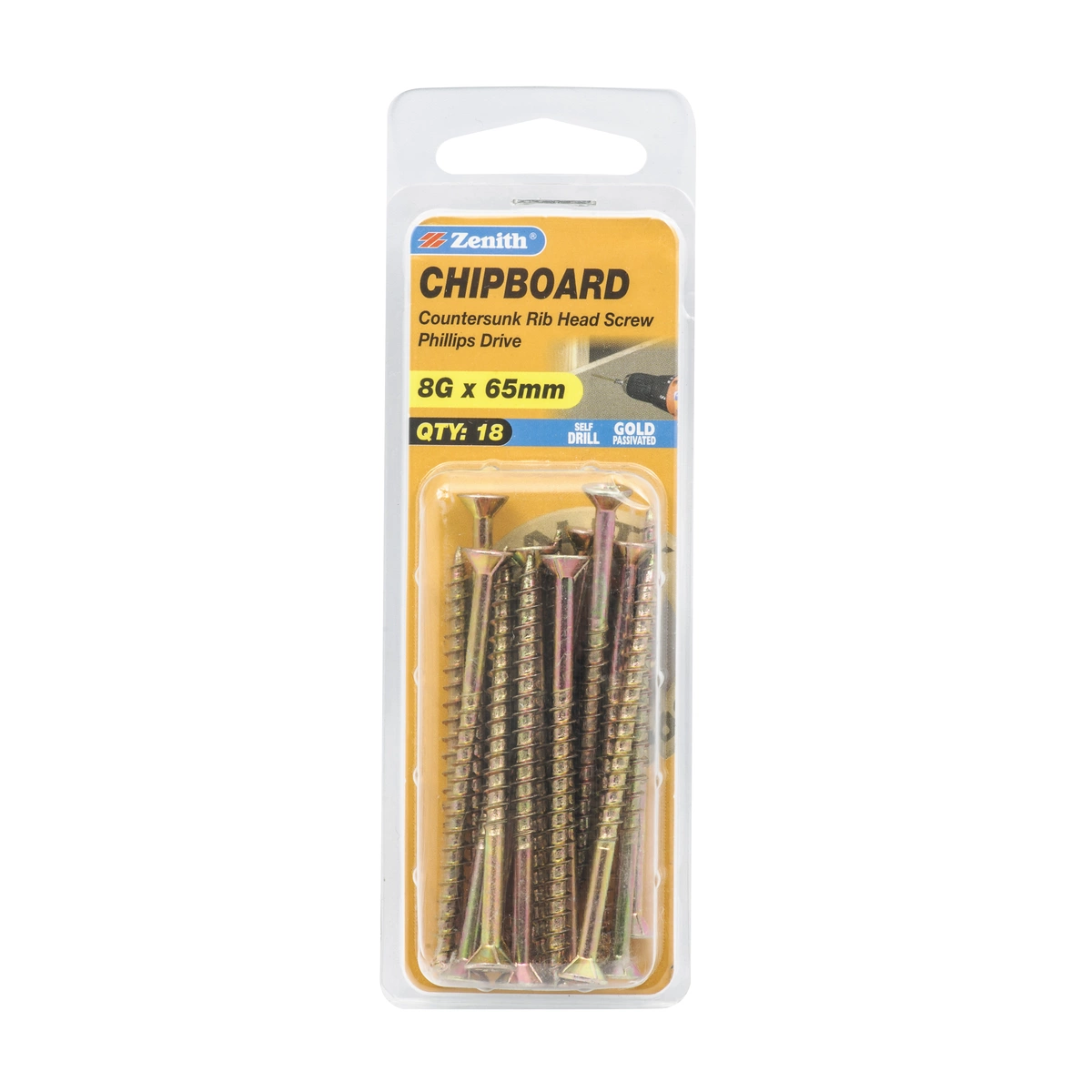 ZENITH® 8G x 65mm Gold Passivated Chipboard Screws – 18 Pack