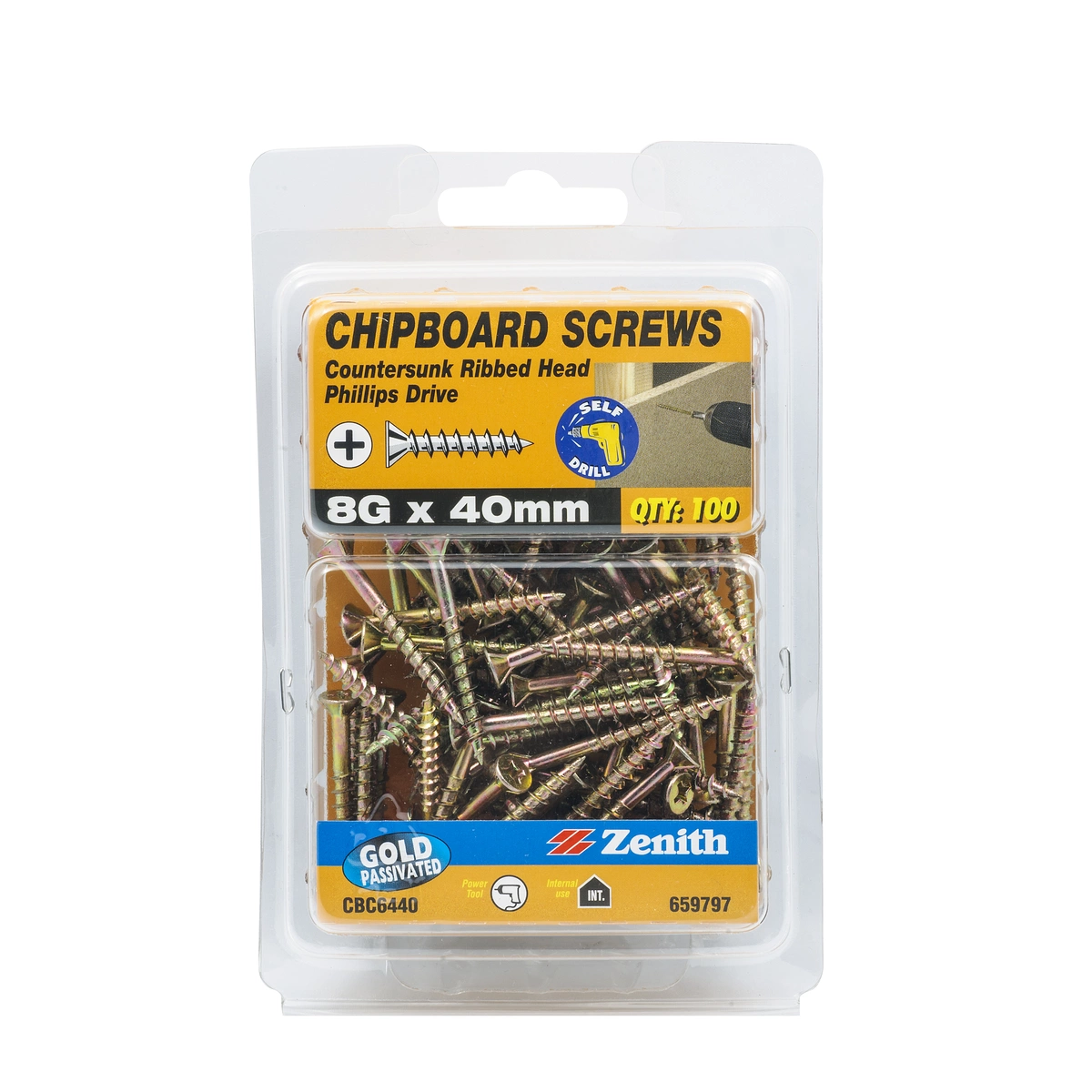 ZENITH® 8G x 40mm Gold Passivated Chipboard Screws (Phillips Drive) – 100 Pack