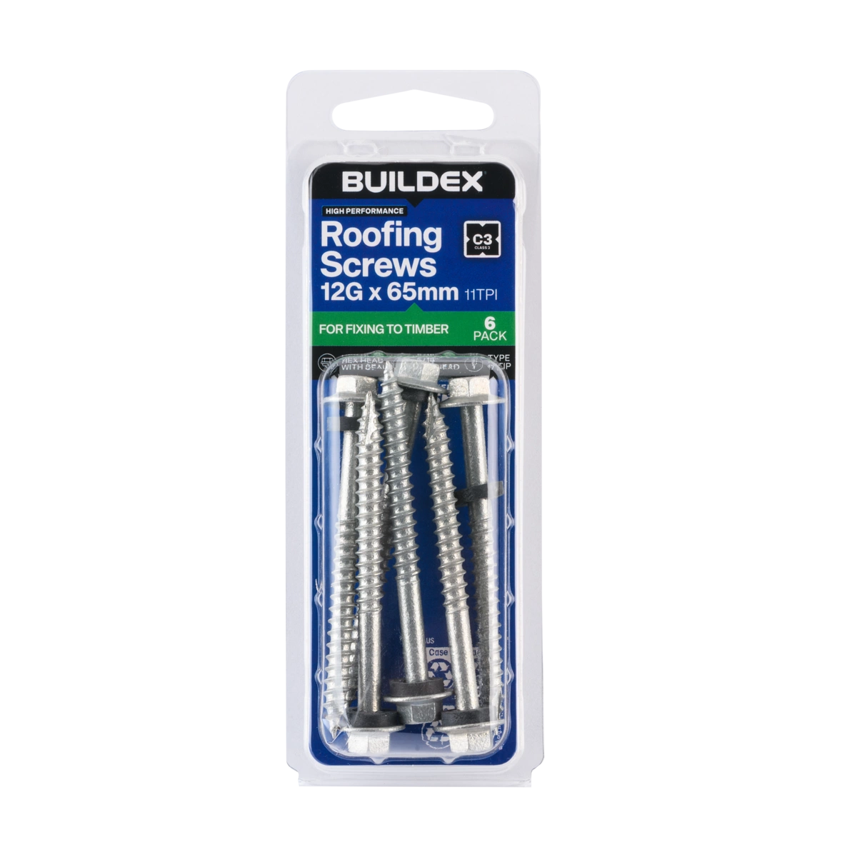 Buildex® 12G x 65mm Class 3 Roofing Screws with Seal – 6 Pack