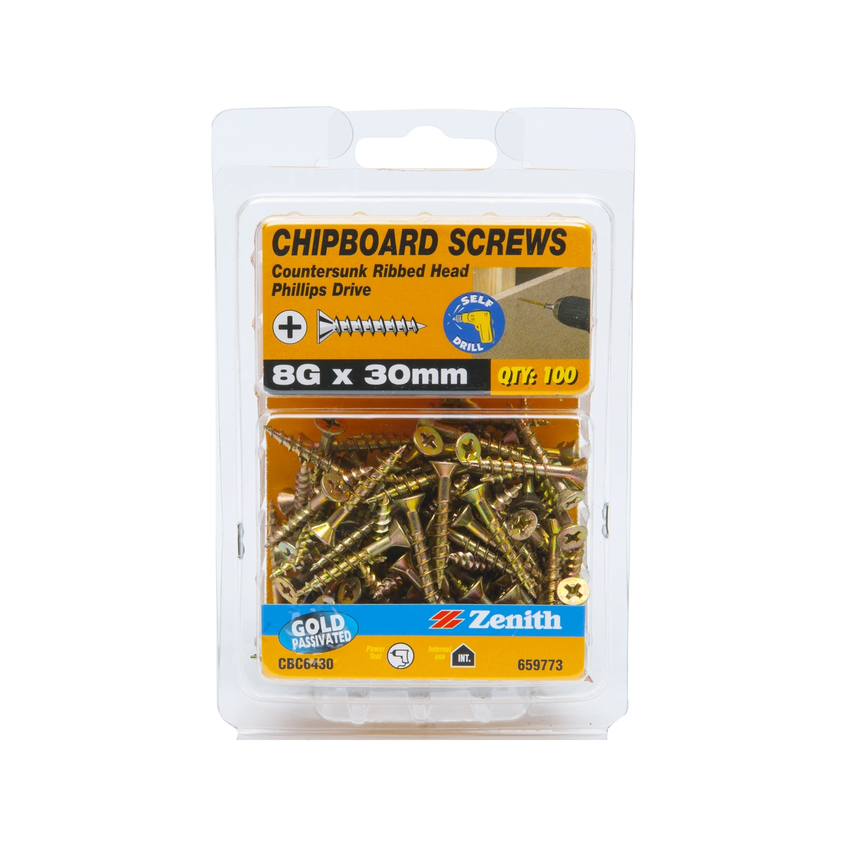 ZENITH® 8G x 30mm Gold Passivated Chipboard Screws (Phillips Drive) – 100 Pack