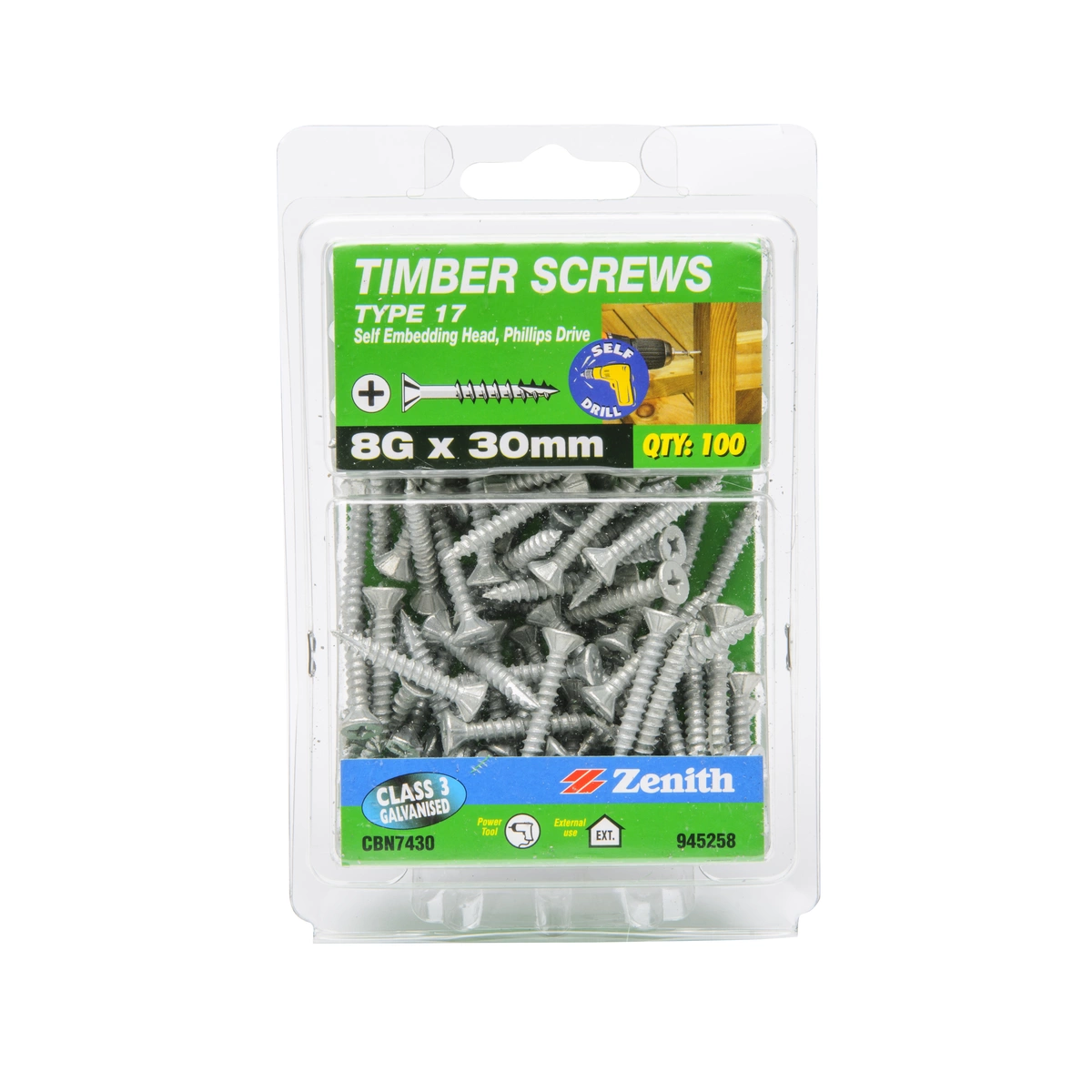 ZENITH® 8G x 30mm Class 3 Galvanised Timber Screws – 100 Pack