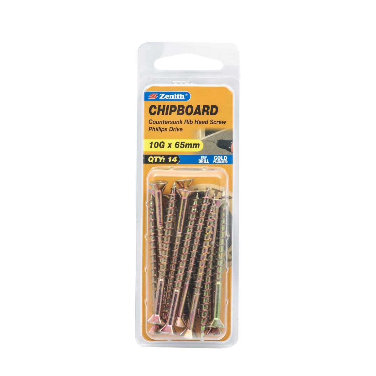 ZENITH® 10G x 65mm Gold Passivated Chipboard Screws – 14 Pack