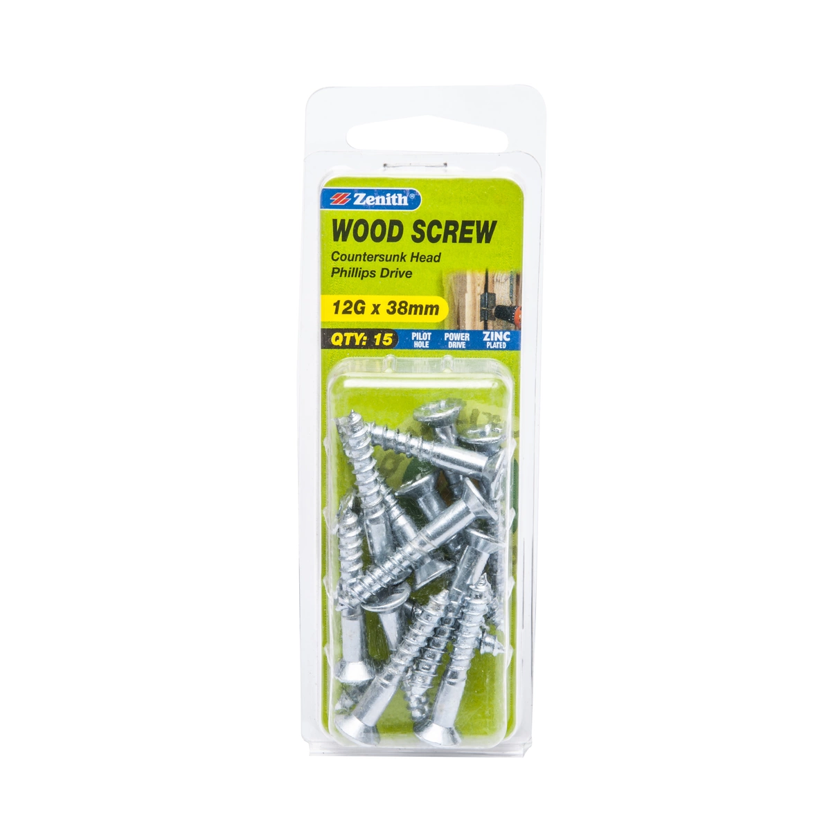 ZENITH® 12G x 38mm Zinc Plated Wood Screws – 15 Pack