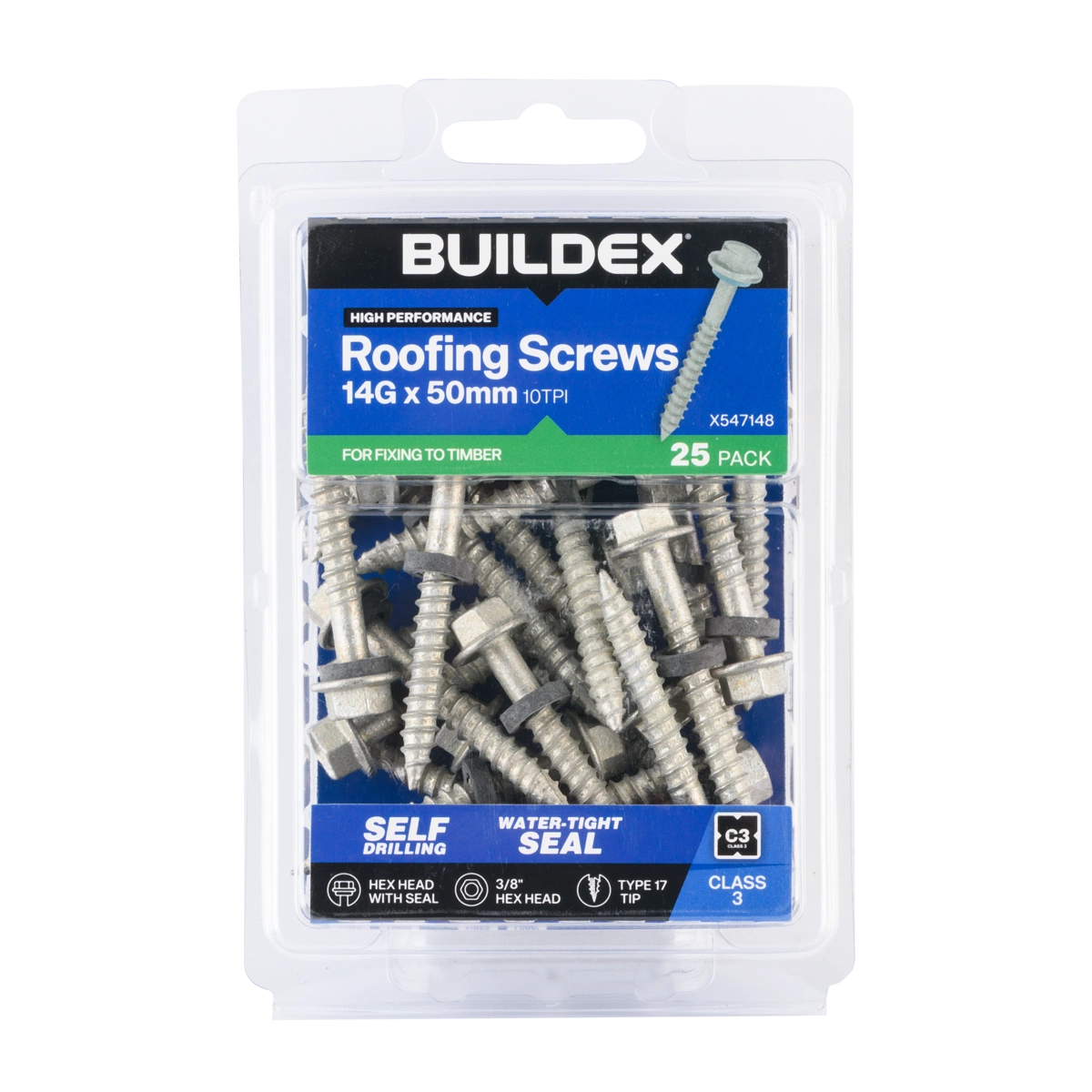 Buildex® 14G x 50mm Class 3 Roofing Screws with Seal – 25 Pack