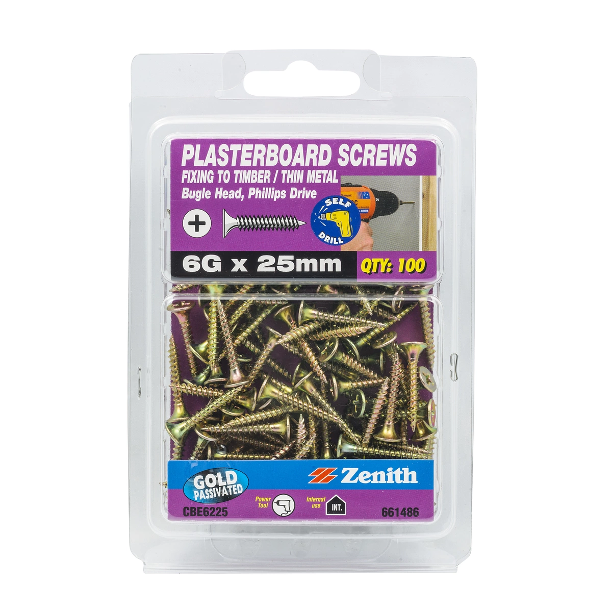 ZENITH® 6G x 25mm Gold Passivated Plasterboard Screws – 100 Pack