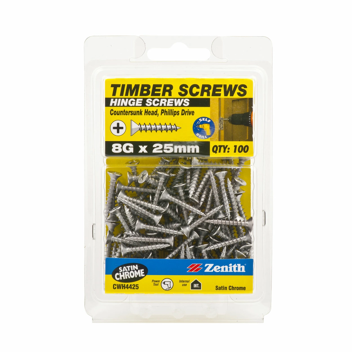 ZENITH® 8G x 25mm Satin Chrome Plated Hinge Screws – 100 Pack