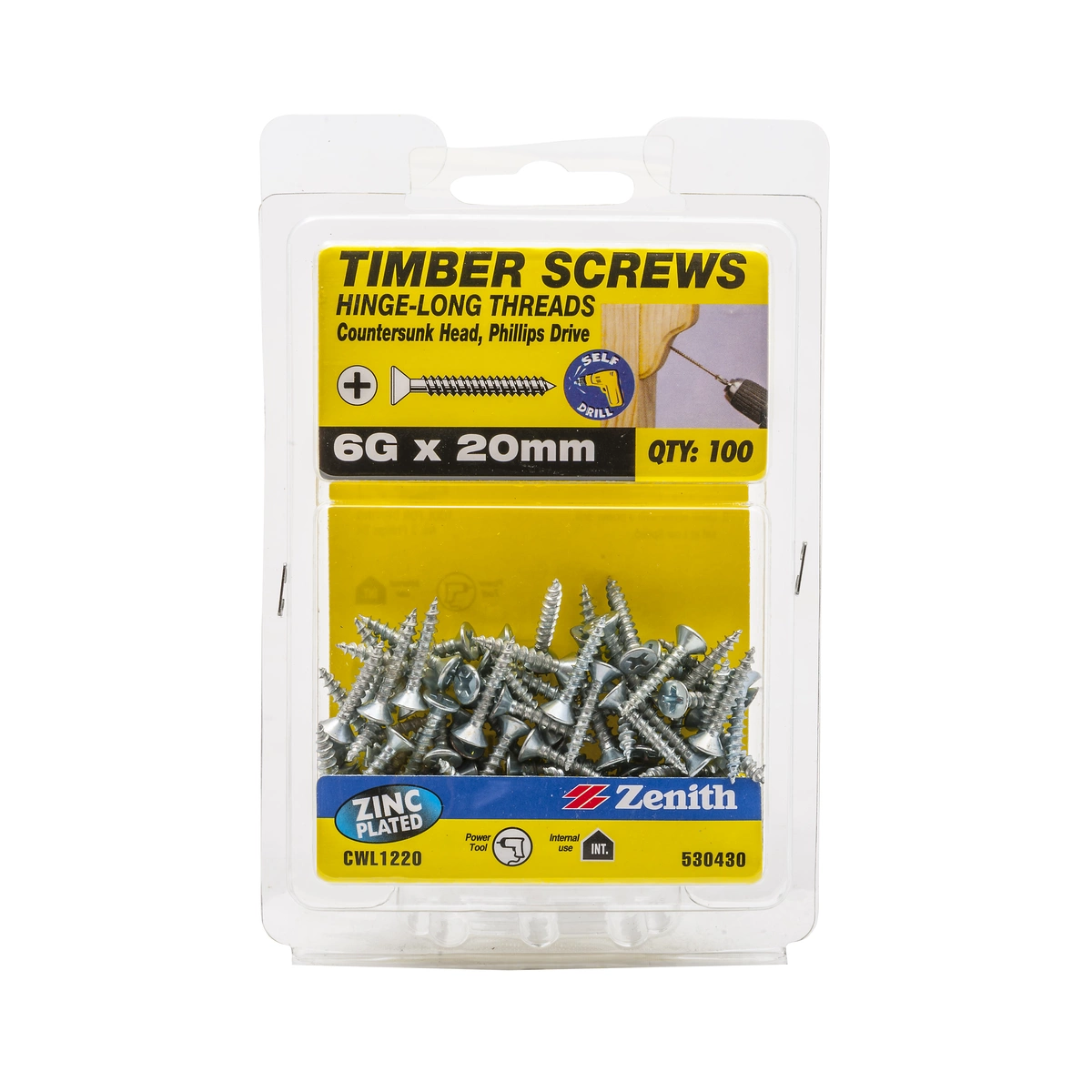 ZENITH® 6G x 20mm Zinc Plated Wood Screws – 100 Pack