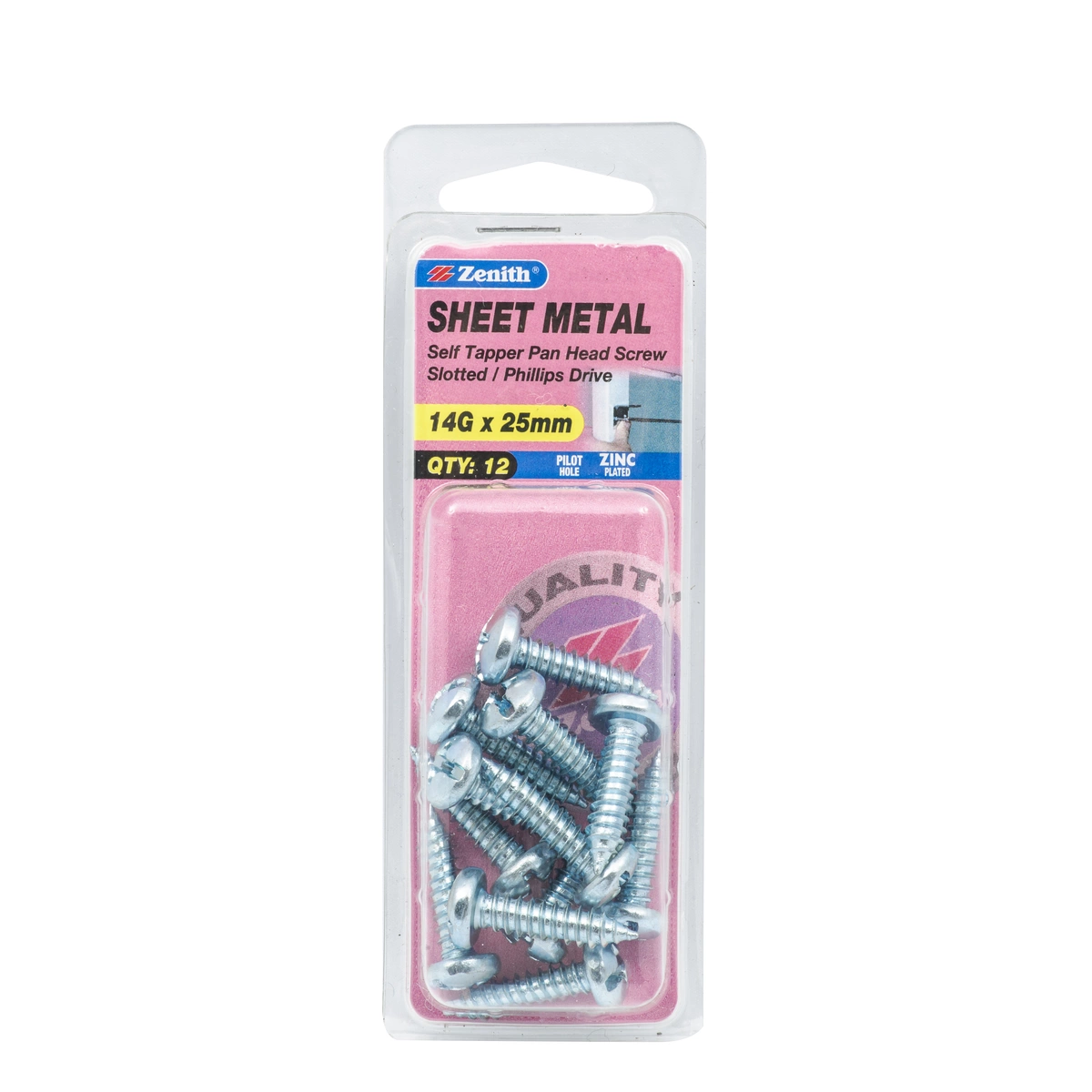 ZENITH® 14G x 25mm Zinc Plated Sheet Metal Screws – 12 Pack
