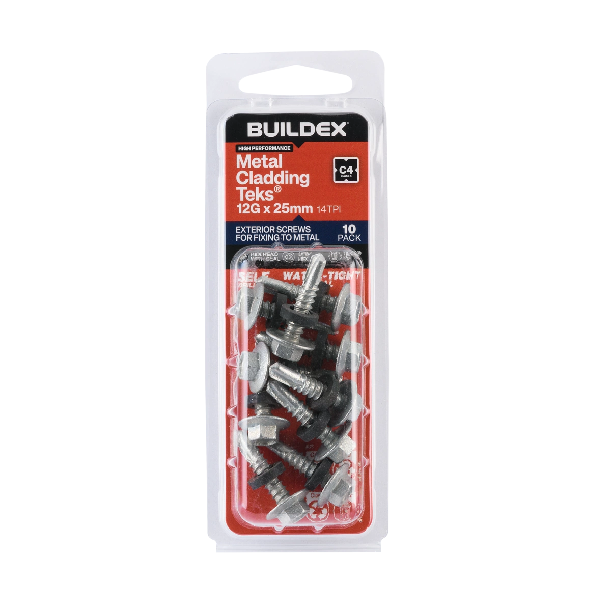 Buildex® 12G x 25mm Class 4 Metal Cladding TEKS® Screws with Seal – 10 Pack