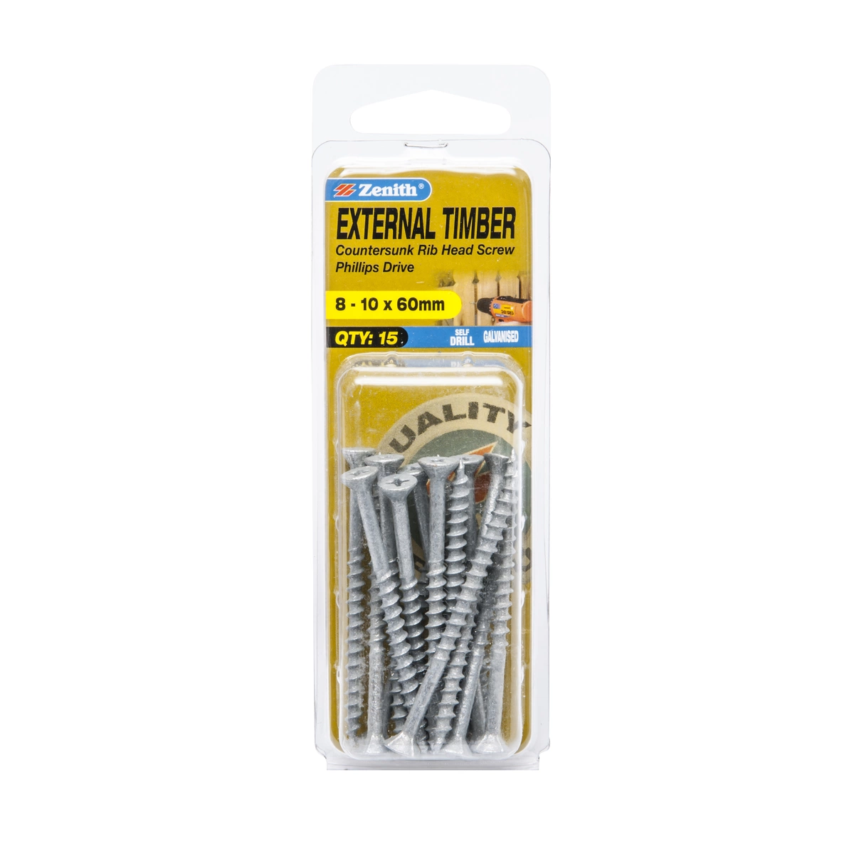 ZENITH® 8G x 60mm Galvanised Timber Screws – 15 Pack