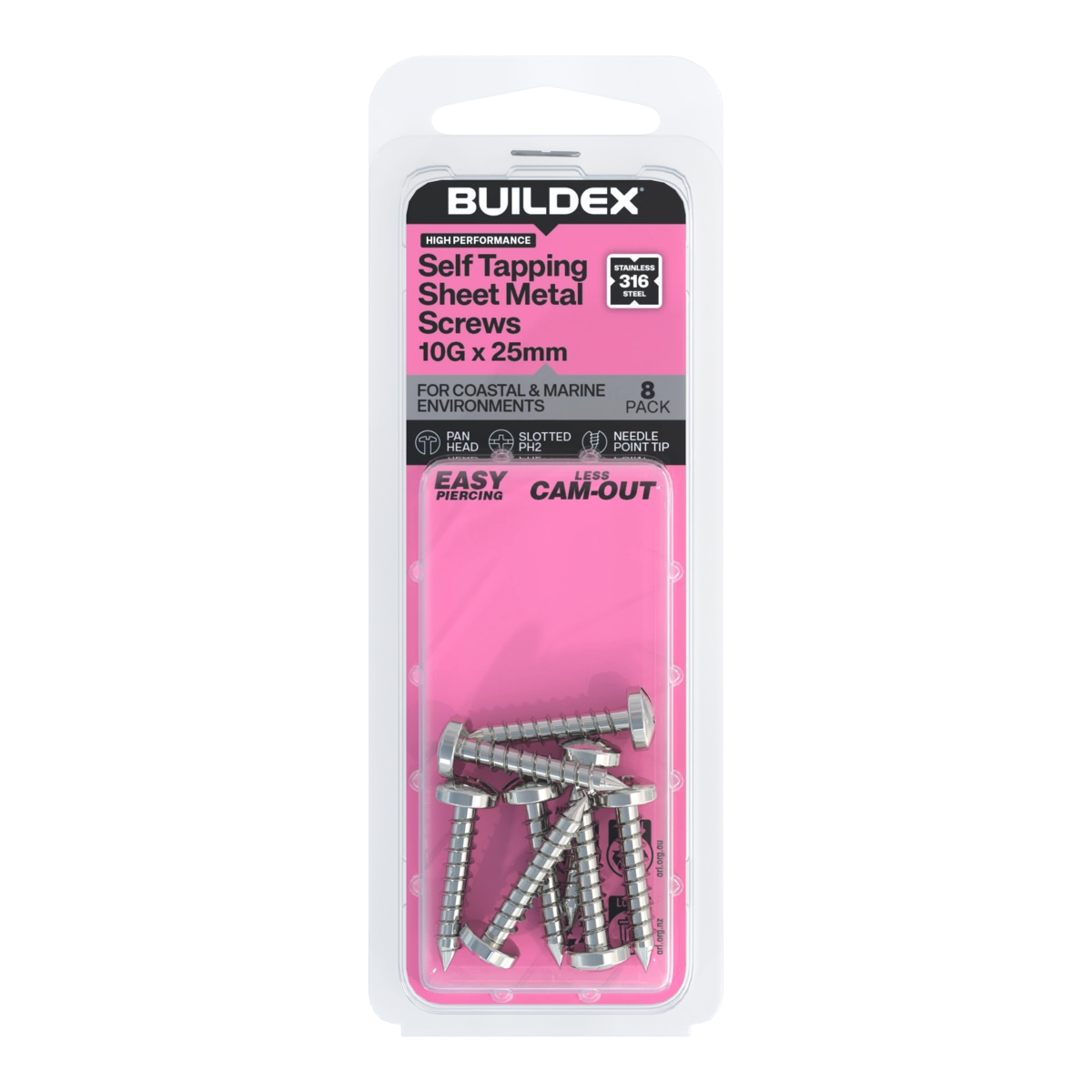 Buildex® 10G x 25mm SS316 Self Tapping Sheet Metal Screws – 8 Pack