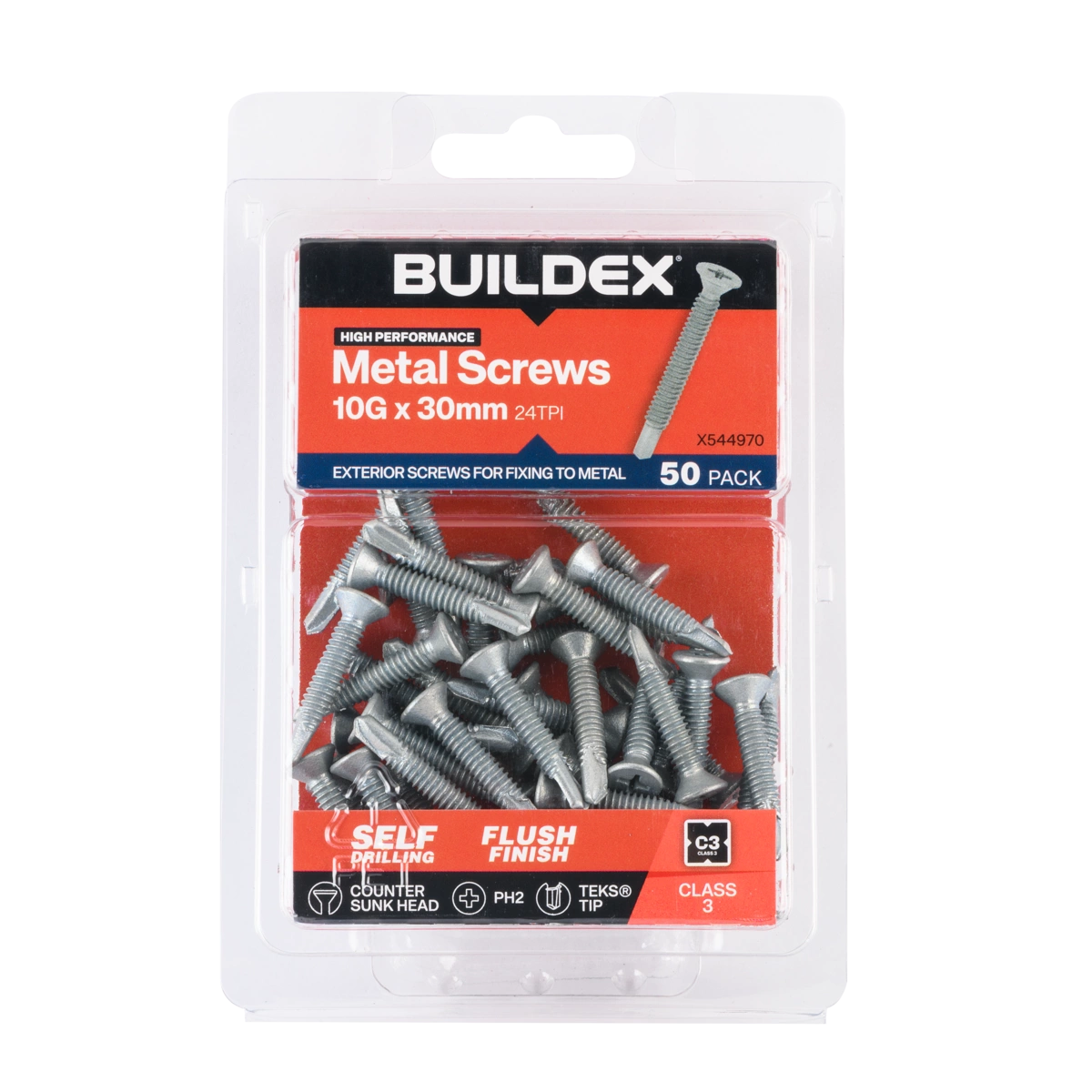 Buildex® 10G x 30mm Class 3 Sheet Metal Screws (Countersunk Head) – 50 Pack