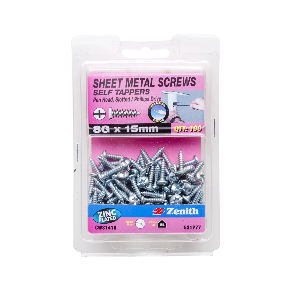 ZENITH® 8G x 15mm Zinc Plated Sheet Metal Screws – 100 Pack
