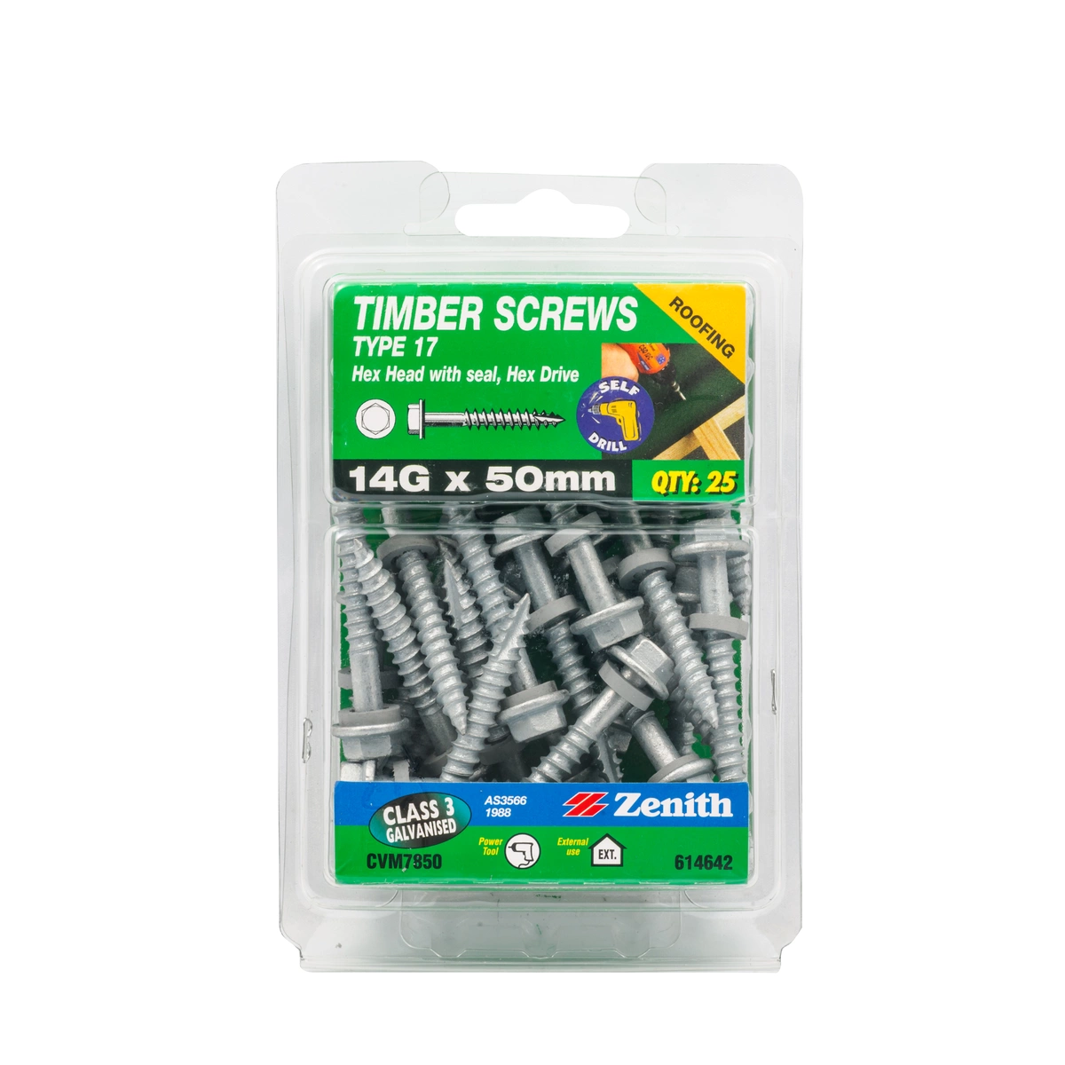 ZENITH® 14G x 50mm Class 3 Galvanised Cladding & Roofing Screws with Seal – 25 Pack