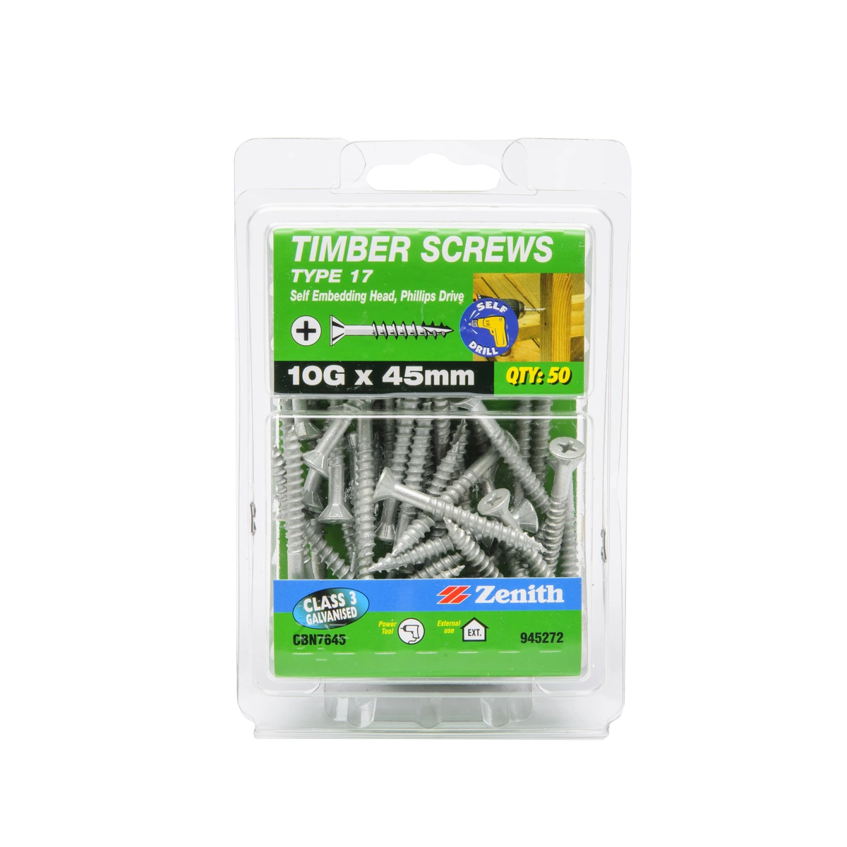 ZENITH® 10G x 45mm Class 3 Galvanised Timber Screws (Countersunk Ribbed Head) – 50 Pack