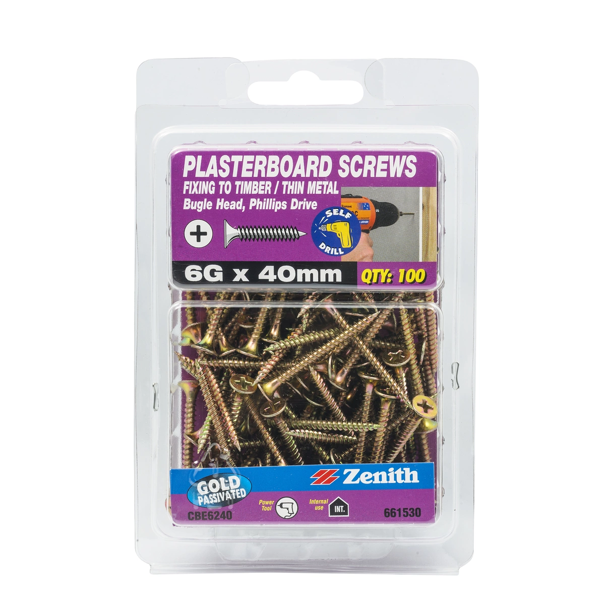 ZENITH® 6G x 40mm Gold Passivated Plasterboard Screws – 100 Pack