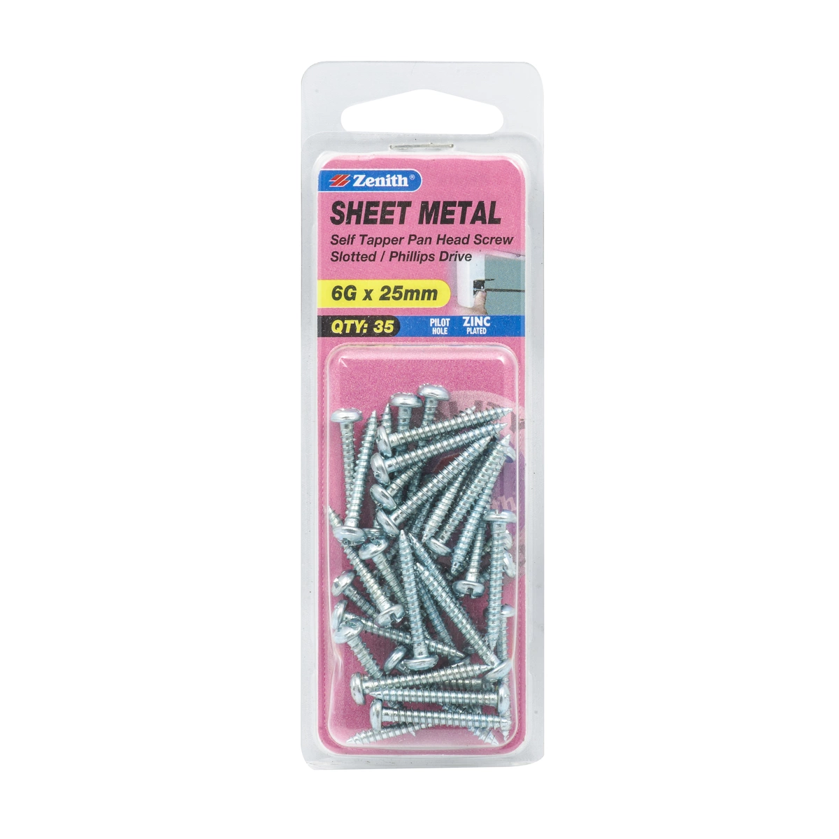 ZENITH® 6G x 25mm Zinc Plated Sheet Metal Screws – 35 Pack