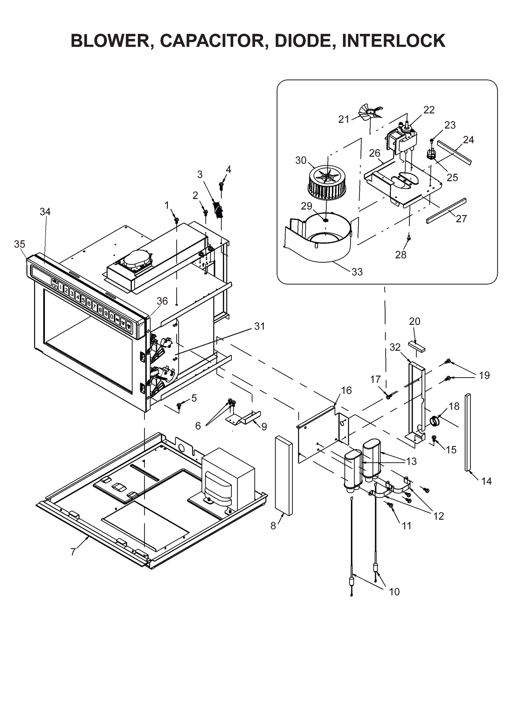 BLOWER, CAPACITOR, DIODE, INTERLOCK