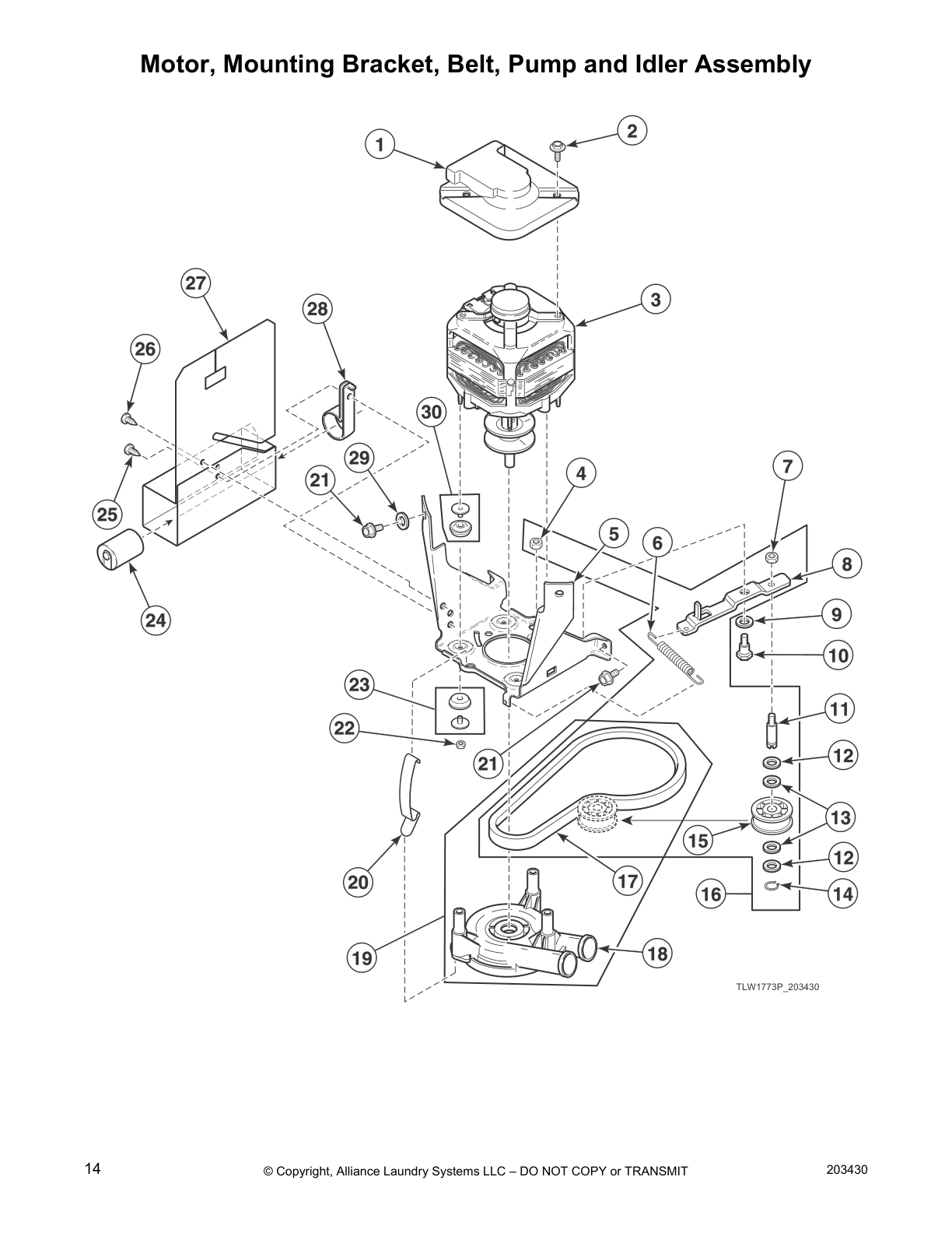 Motor, Mounting Bracket, Belt, Pump and Idler Assembly