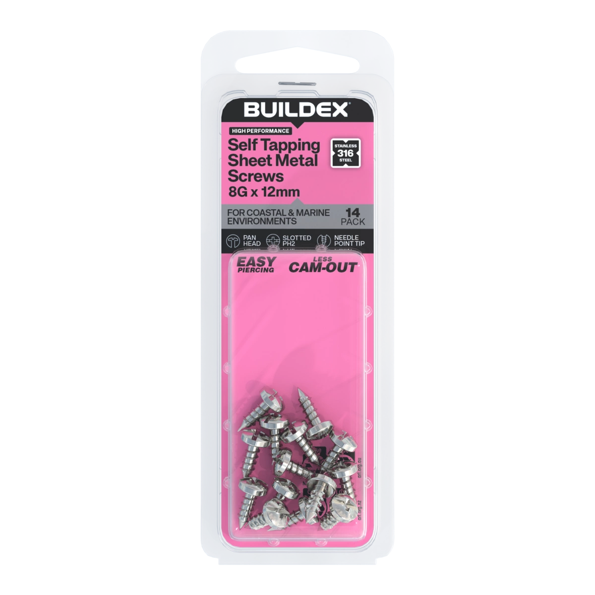 Buildex® 8G x 12mm SS316 Self Tapping Sheet Metal Screws – 14 Pack