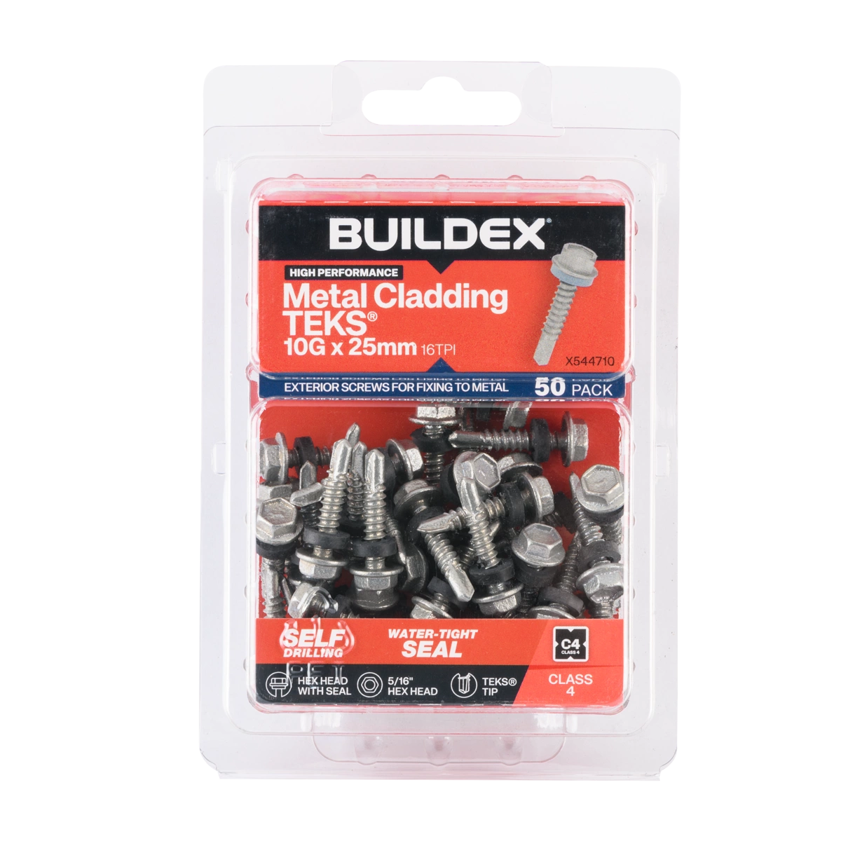 Buildex® 10G x 25mm Class 4 Metal Cladding TEKS® Screws with Seal – 50 Pack