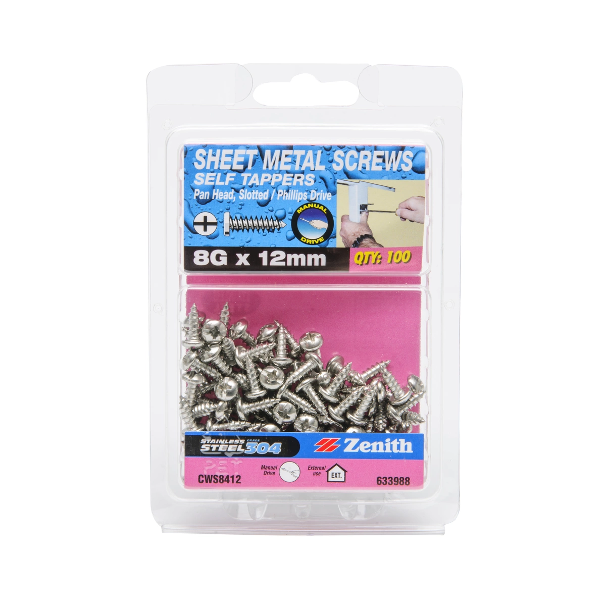 ZENITH® 8G x 12mm 304 Stainless Steel Sheet Metal Screws – 100 Pack