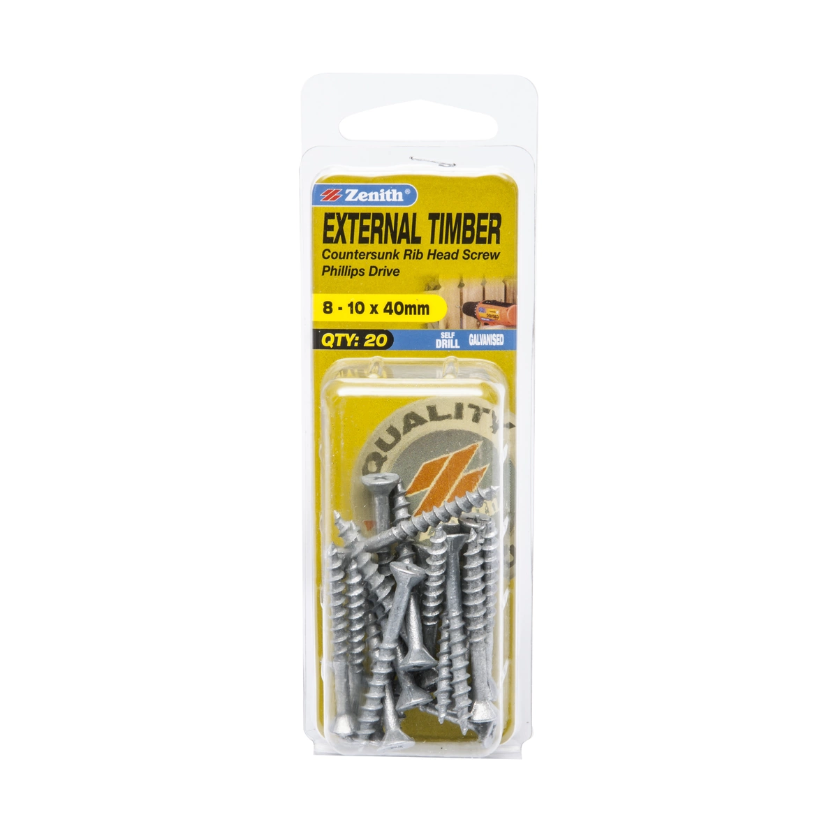 ZENITH® 8G x 40mm Galvanised Timber Screws (Phillips Drive) – 20 Pack