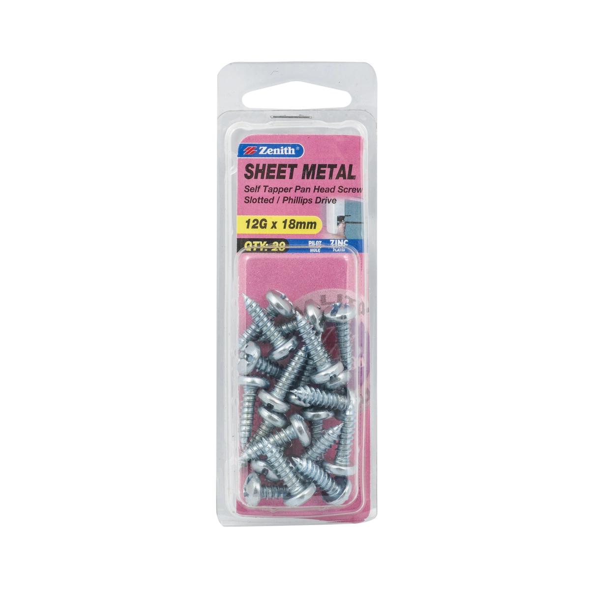 ZENITH® 12G x 18mm Zinc Plated Sheet Metal Screws – 20 Pack