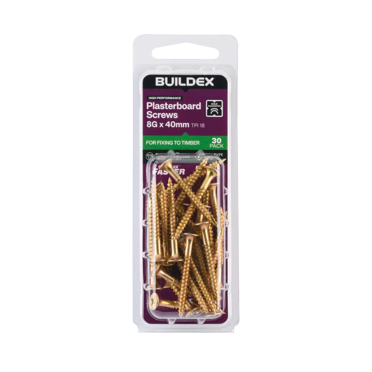 Buildex® 8G x 40mm Gold Passivated Plasterboard Screws – 30 Pack