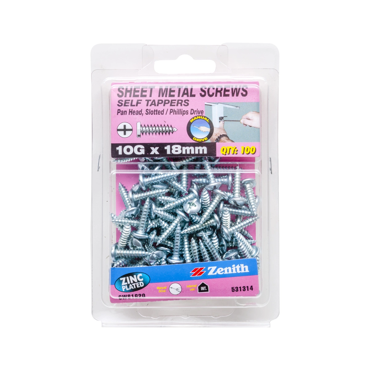 ZENITH® 10G x 18mm Zinc Plated Sheet Metal Screws – 100 Pack