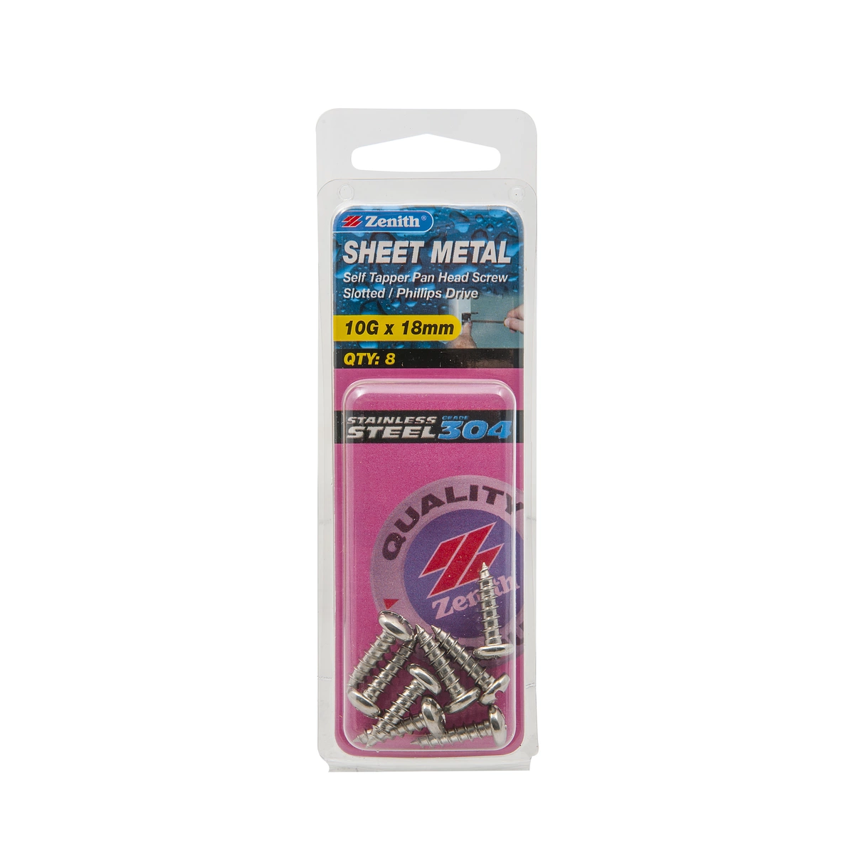 ZENITH® 10G x 18mm 304 Stainless Steel Sheet Metal Screws – 8 Pack
