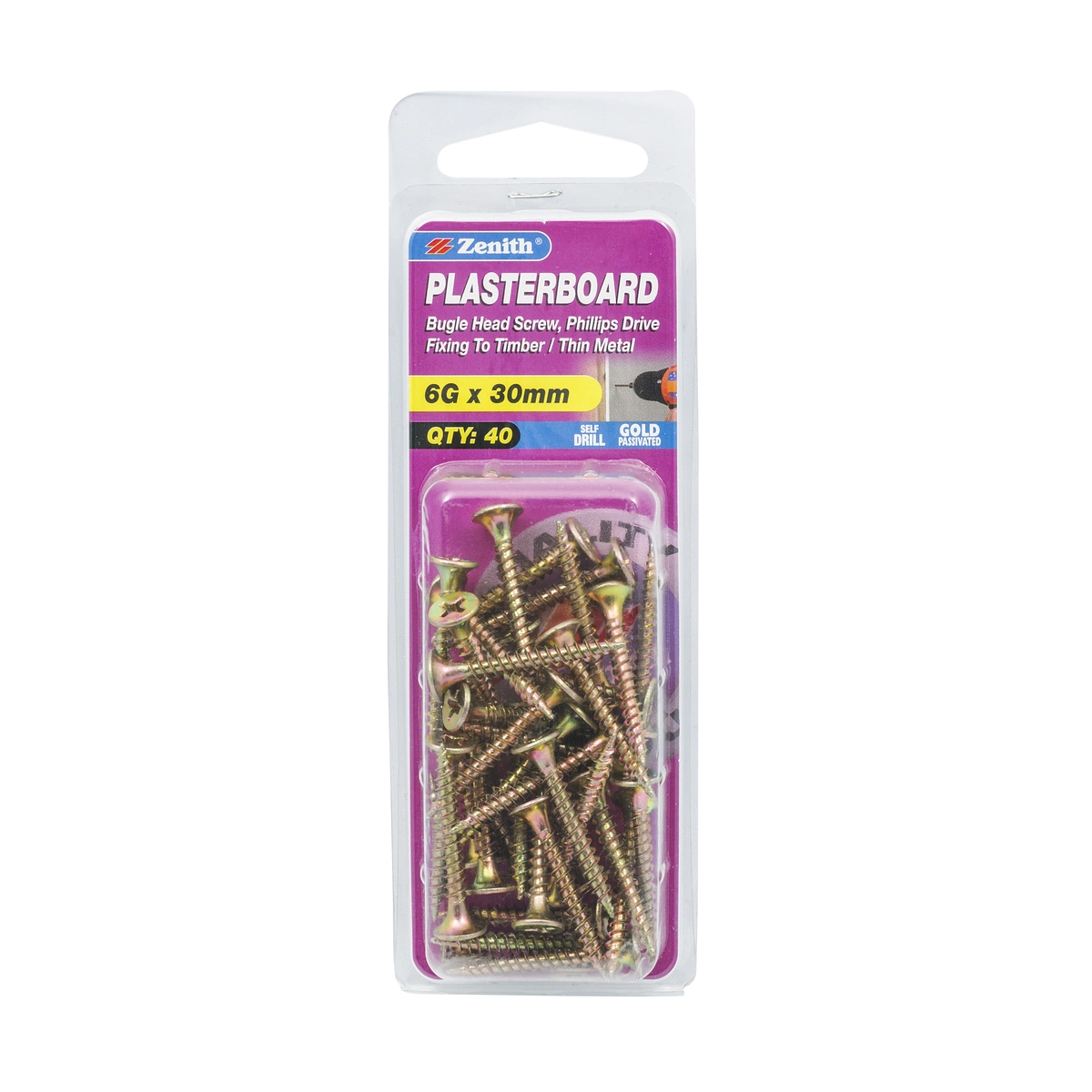 ZENITH® 6G x 30mm Gold Passivated Plasterboard Screws – 40 Pack