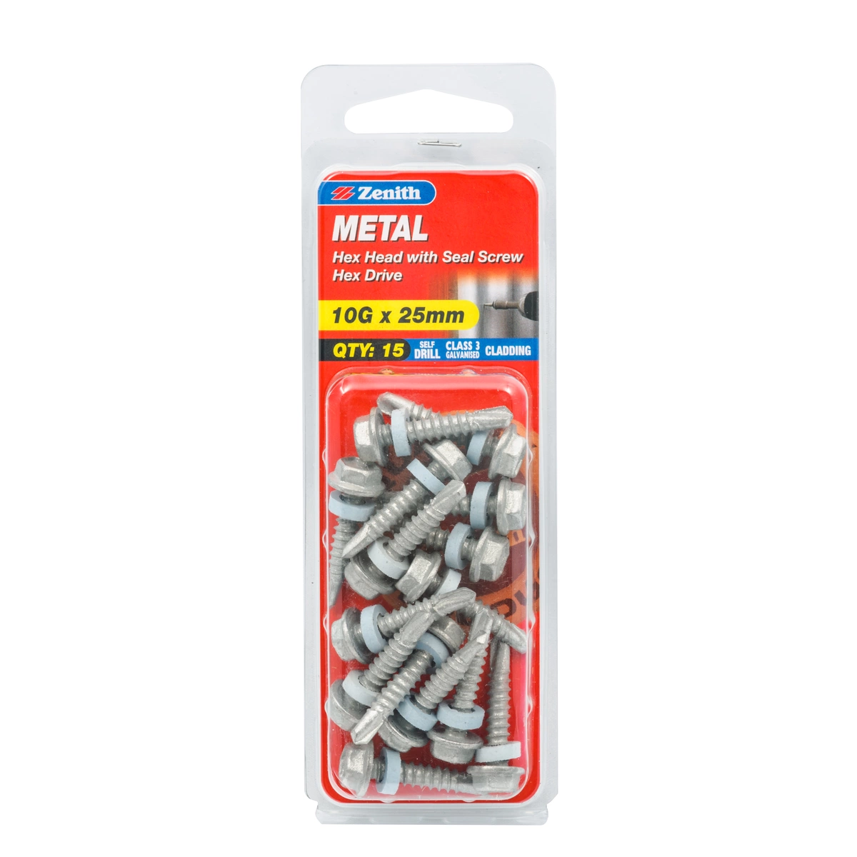 ZENITH® 10G x 25mm Class 3 Galvanised Cladding & Roofing Screws with seal (Drill Point) – 15 Pack
