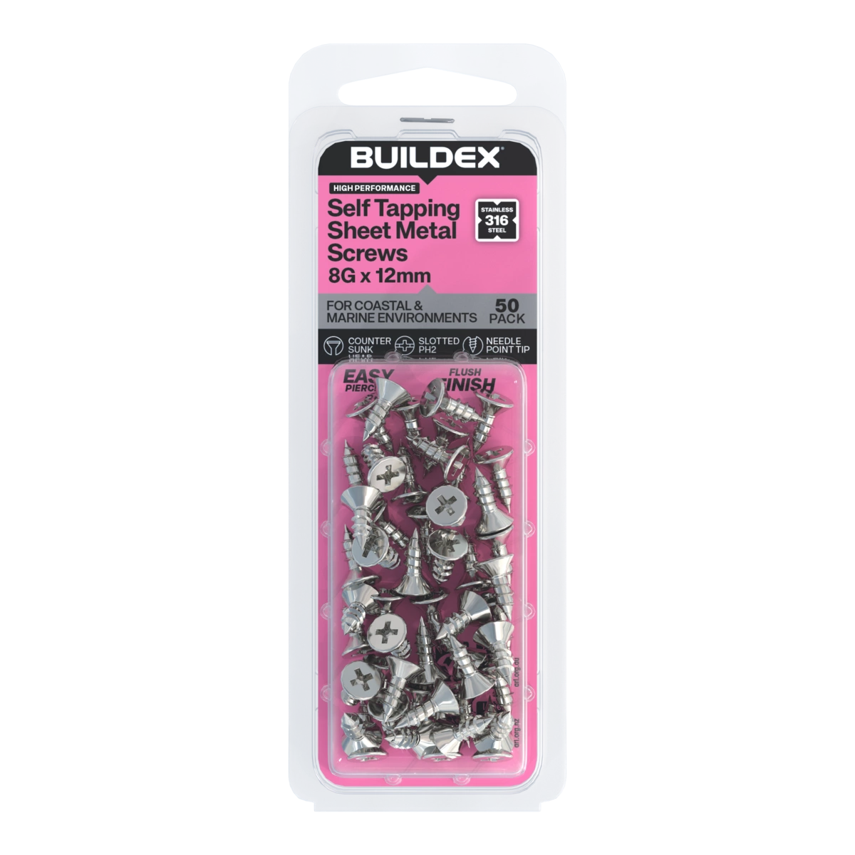 Buildex® 8G x 12mm SS316 Self Tapping Sheet Metal Screws – 50 Pack