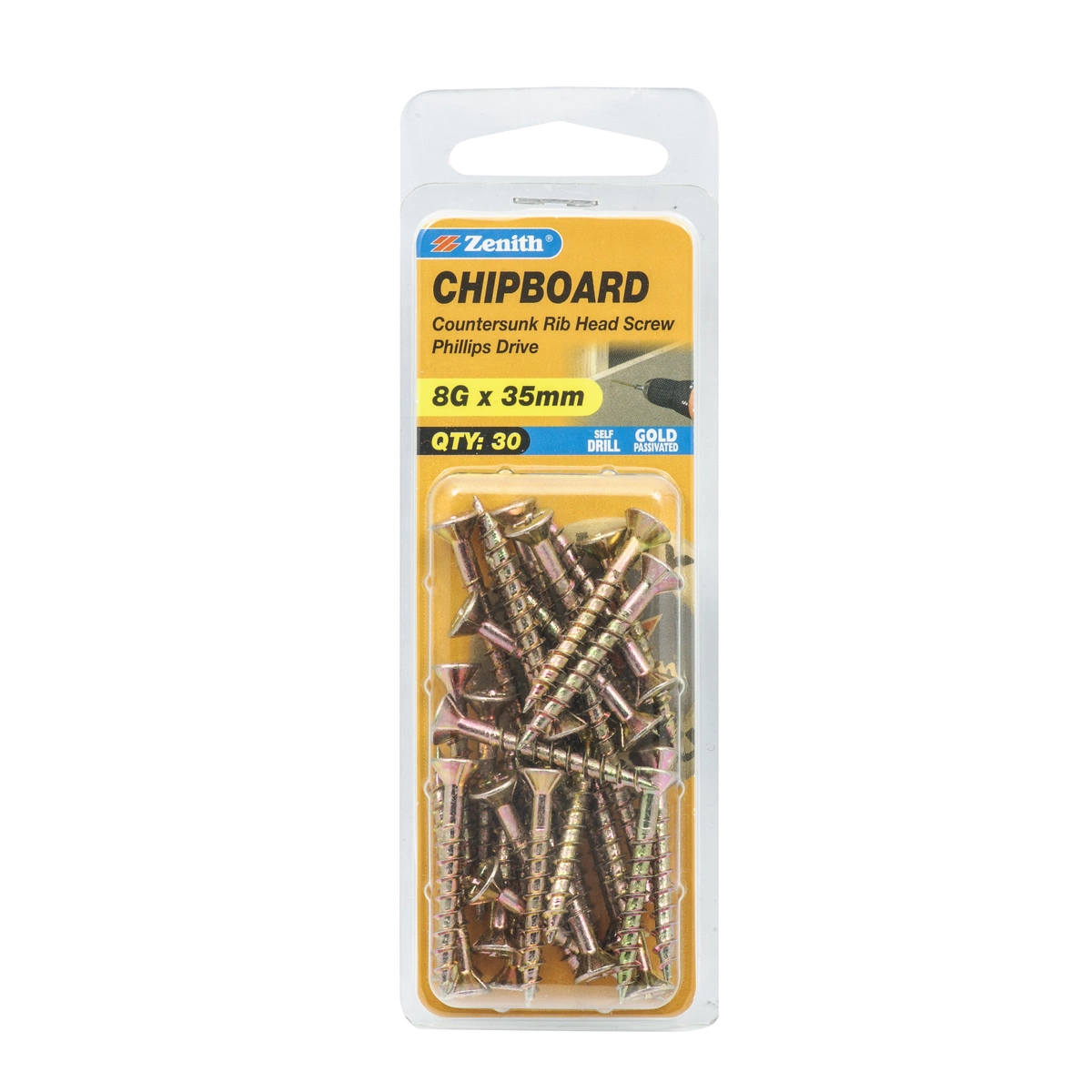 ZENITH® 8G x 35mm Gold Passivated Chipboard Screws (Phillips Drive) – 30 Pack