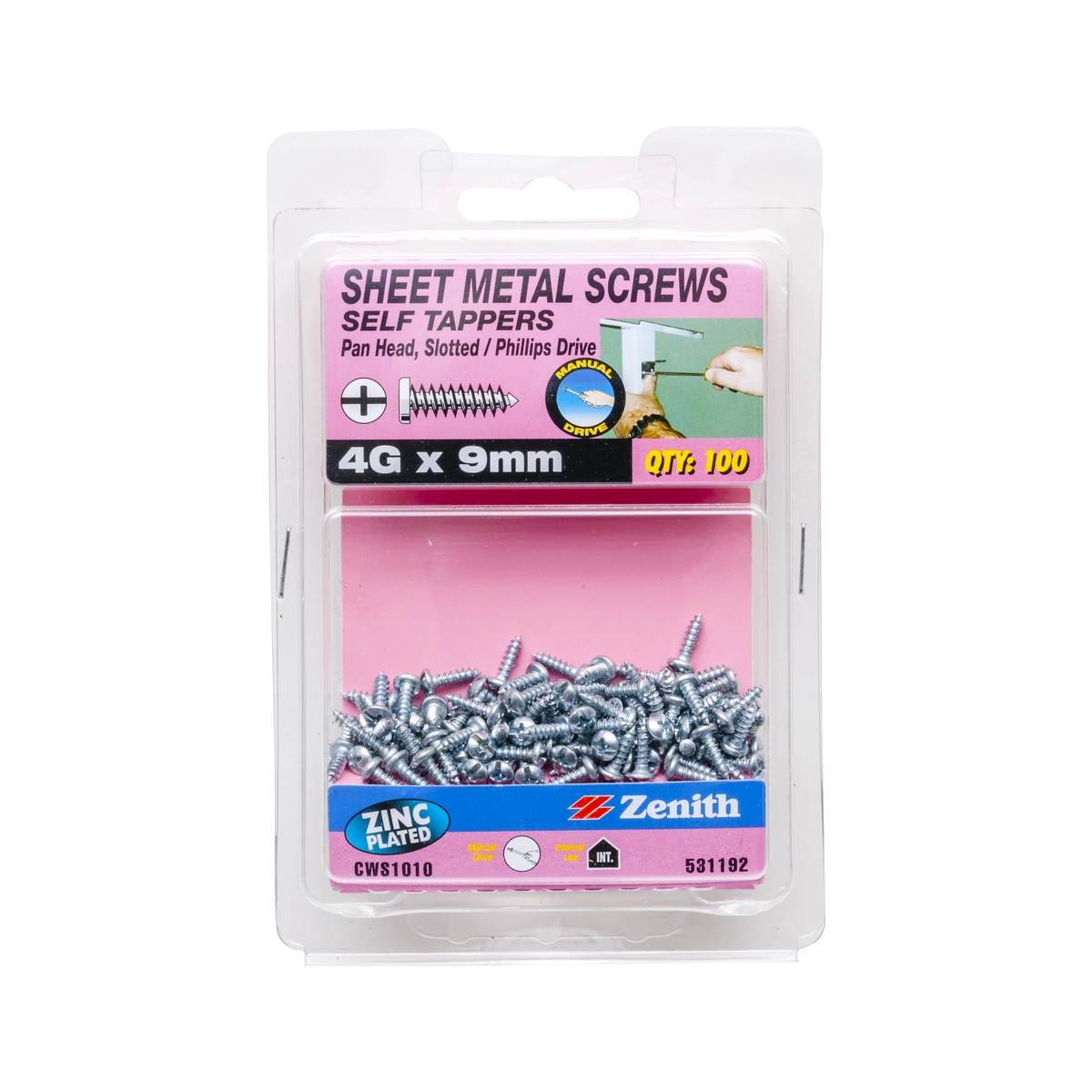 ZENITH® 4G x 9mm Zinc Plated Sheet Metal Screws – 100 Pack