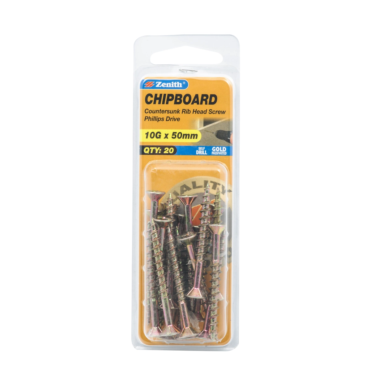 ZENITH® 10G x 50mm Gold Passivated Chipboard Screws – 20 Pack