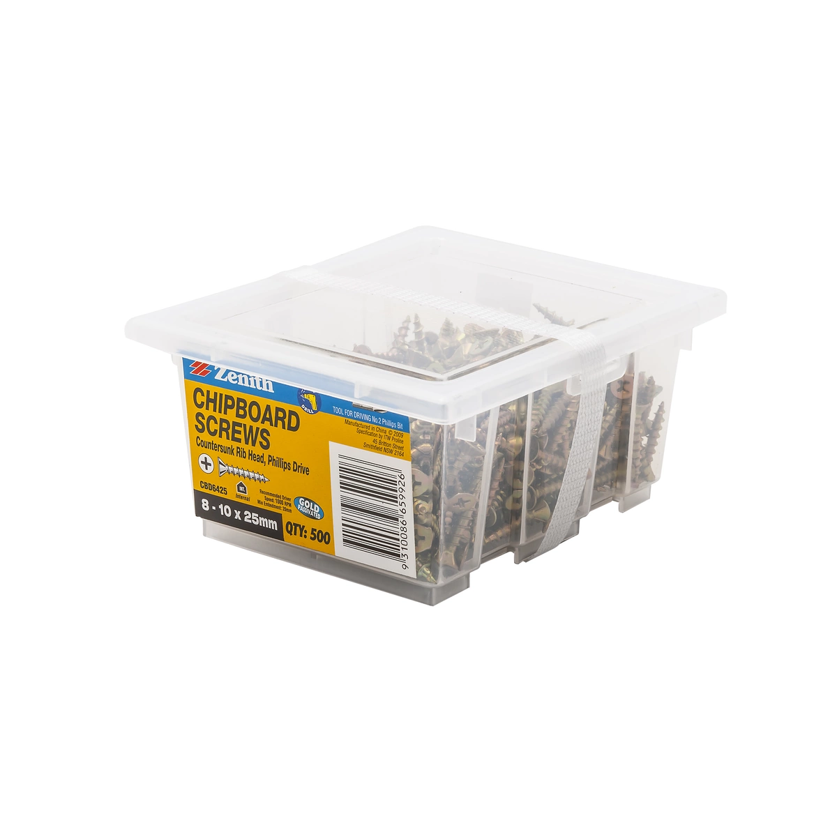 ZENITH® 8G x 25mm Gold Passivated Chipboard Screws (Phillips Drive) – 500 Pack