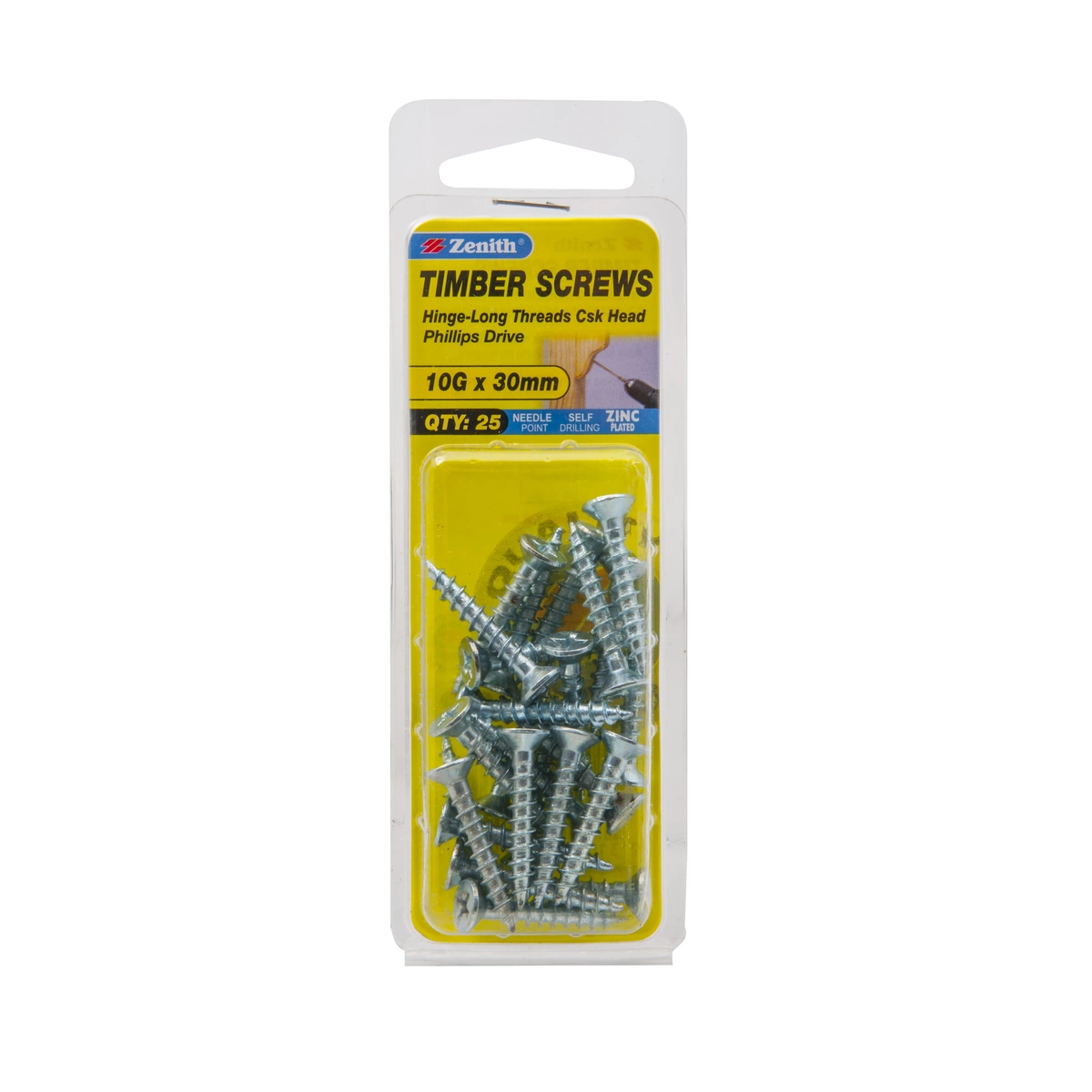 ZENITH® 10G x 30mm Zinc Plated Timber Screws – 25 Pack