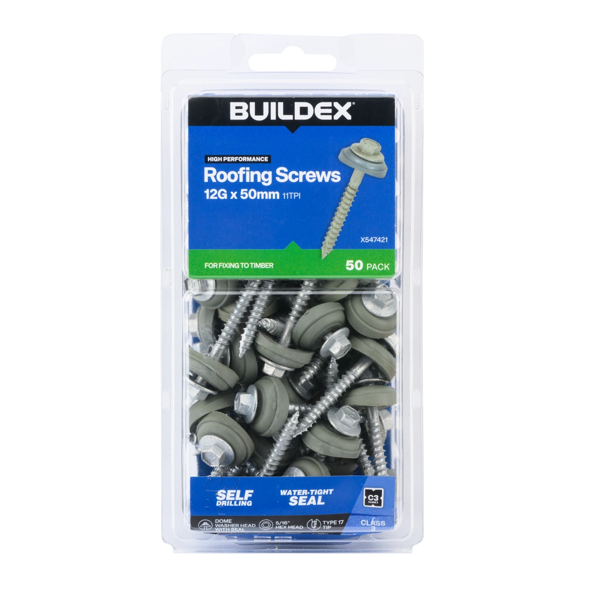 Buildex® 12G x 50mm Class 3 Roofing Screws – 50 Pack