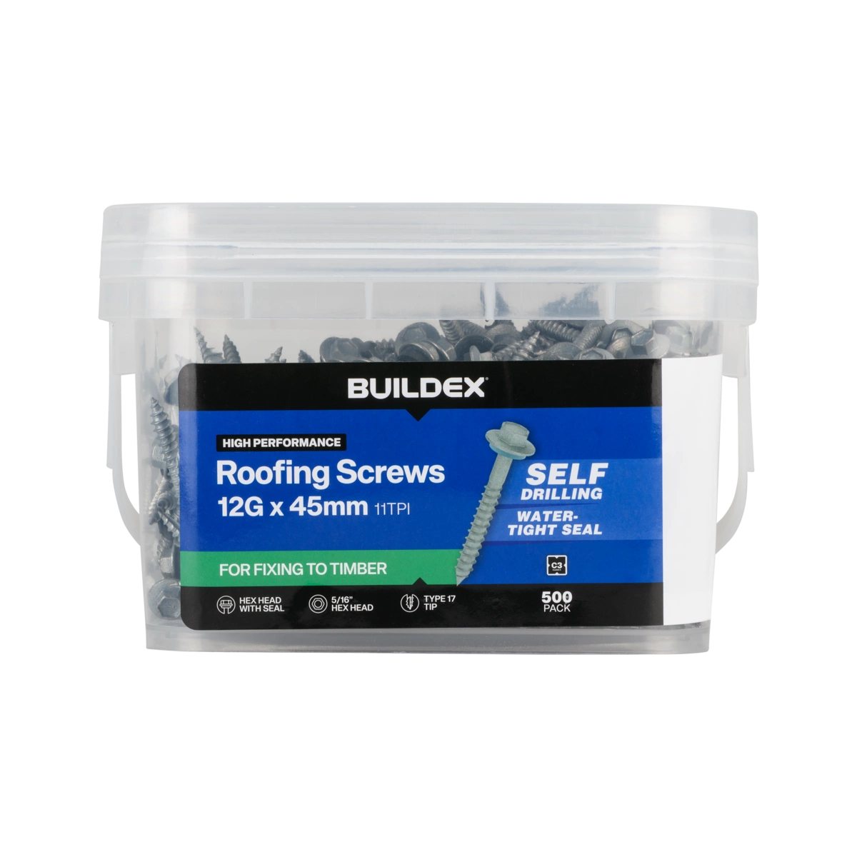 Buildex® 12G x 45mm Class 3 Roofing Screws with Seal – 500 Pack